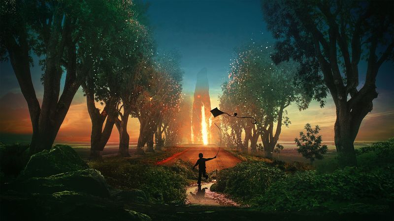 kite, child, silhouette, art, trees, night, 4k