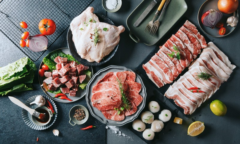 food, still life, meat, tomatoes, animals, death, flesh, muscles, onion, salt, Pepper, lemons, limes, Garlic, rosemary, chilli peppers, cow, Chicken, fork, table knife, brush