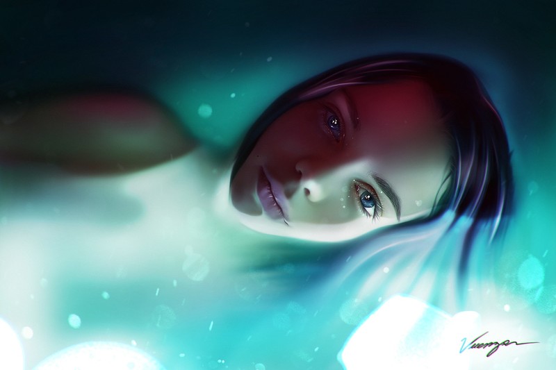 women, digital art, long hair, looking at viewer, blue eyes
