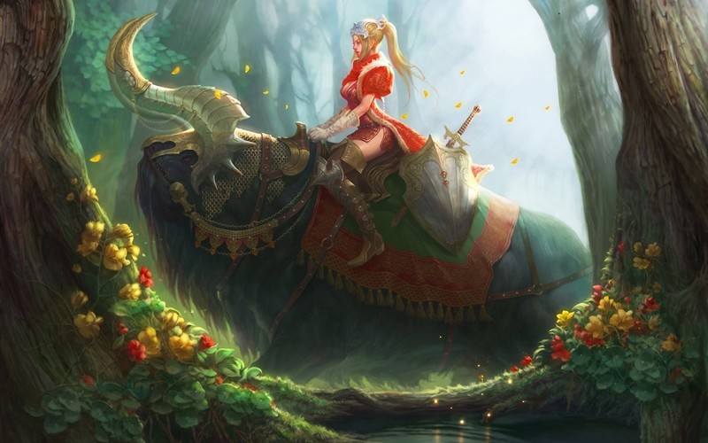 fantasy art, artwork, anime, forest, nature, creature, warrior, warrior girls