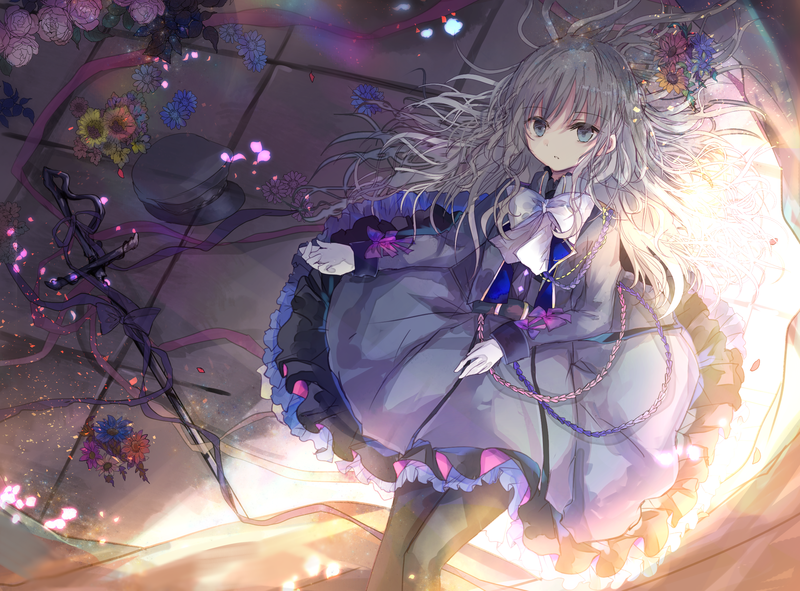 anime, anime girls, dress, flowers, green eyes