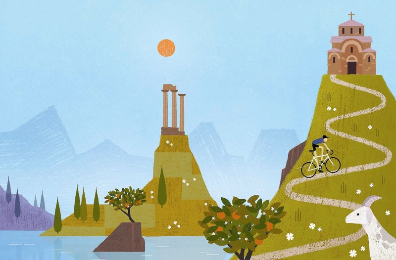 nature, landscape, digital art, artwork, trees, church, Sun, path, bicycle, lake, ruins, cycling, sky, goat, mountains