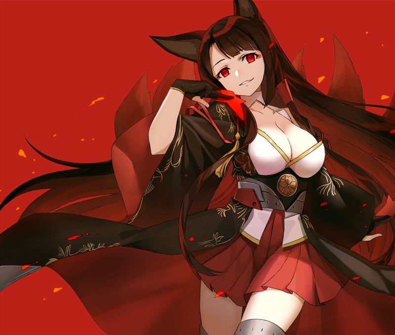 Akagi (Azur Lane), Azur Lane, women, brunette, animal ears, foxy ears, fox girl, tail, long hair, red eyes, looking at viewer, smiling, kimono, cleavage, skirt, anime girls, video game girls, fan art, artwork, digital art, drawing, illustration, 2D, red background, simple background, fantasy girl, red, anime