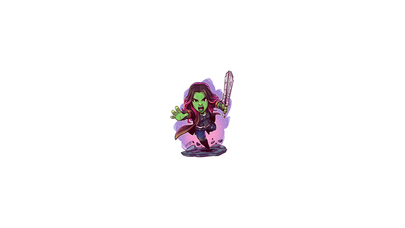 Marvel Cinematic Universe, chibi, minimalism, Gamora, Marvel Comics, Marvel Heroes, Marvel Super Heroes, MCU, Guardians of the Galaxy, Derek Laufman, superhero