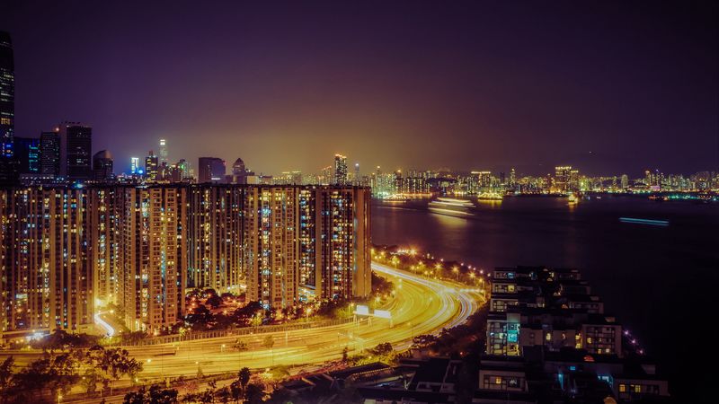 night city, road, lighting, city lights, hong kong, 4k