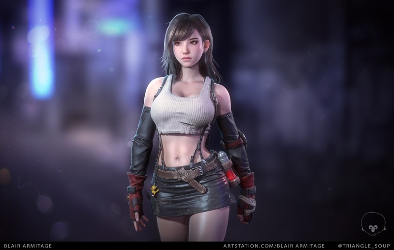women, digital art, artwork, crop top, leather skirts, Final Fantasy VII, bokeh, Final Fantasy, belly, Tifa Lockhart, video games, fan art, bare shoulders, elbow gloves, long hair, fictional character, belt