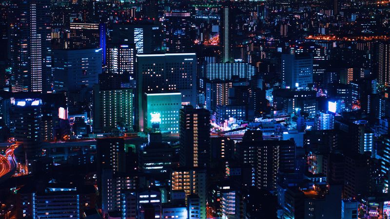night city, city lights, aerial view, lighting, night, 4k