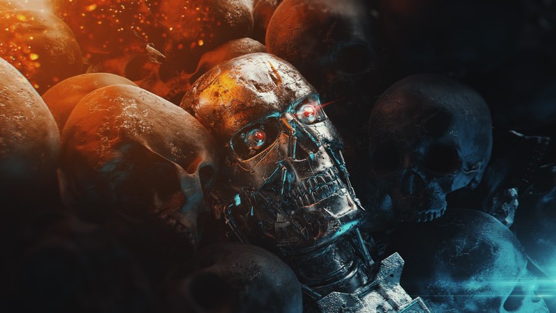 skull, endoskeleton, cyborg, Terminator, apocalyptic, futuristic