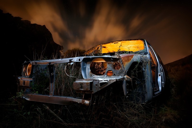 wreck, dark, car, vehicle