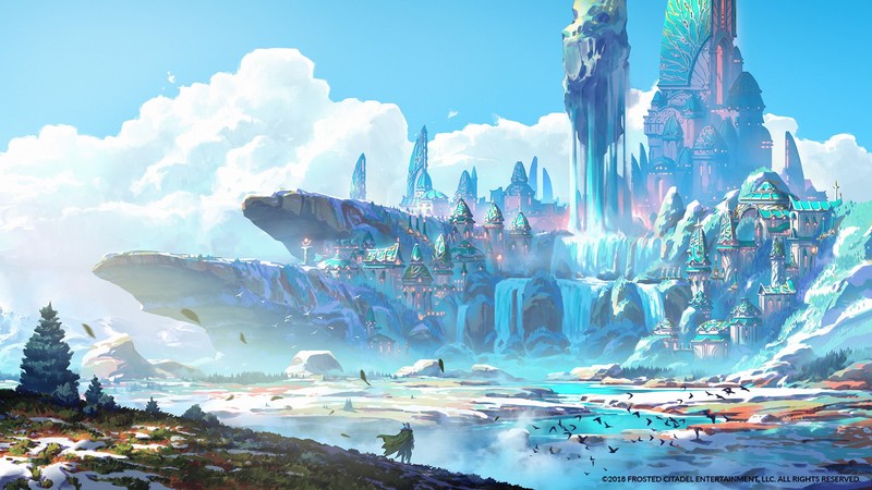 digital, fantasy art, landscape, castle, warrior, clouds, cyan