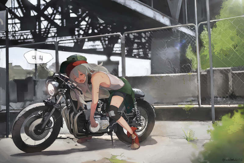women, silver hair, baseball caps, yellow eyes, open mouth, Girls Frontline, lying on front, short shorts, tired, motorcycle, Bushes, anime girls, artwork, fan art, drawing, 2D, illustration, digital art, depth of field, anime, humor, G11 (Girls Frontline)