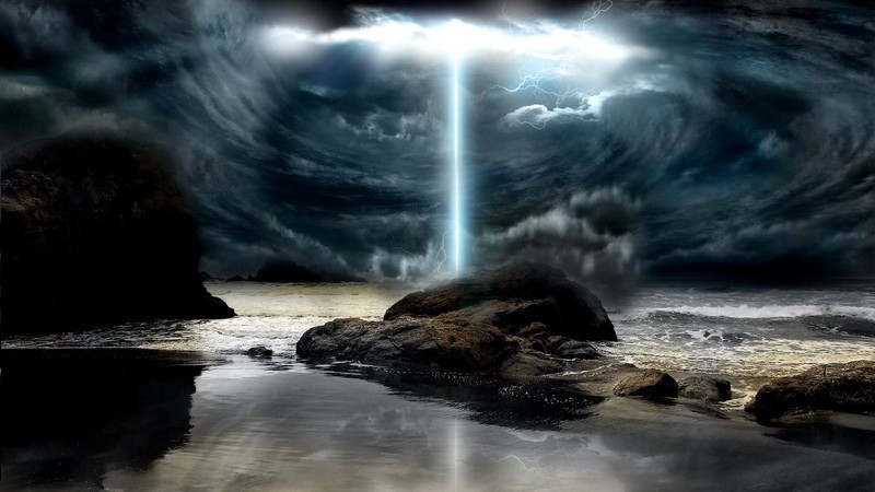 surreal, beach, sky, dark, digital art