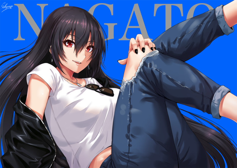anime girls, anime, Kantai Collection, Nagato (KanColle), sakiyamama, red eyes, painted nails, legs up, dark hair, blue background, long hair