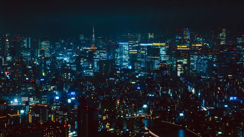 night city, aerial view, tokyo, city lights, metropolis, 4k