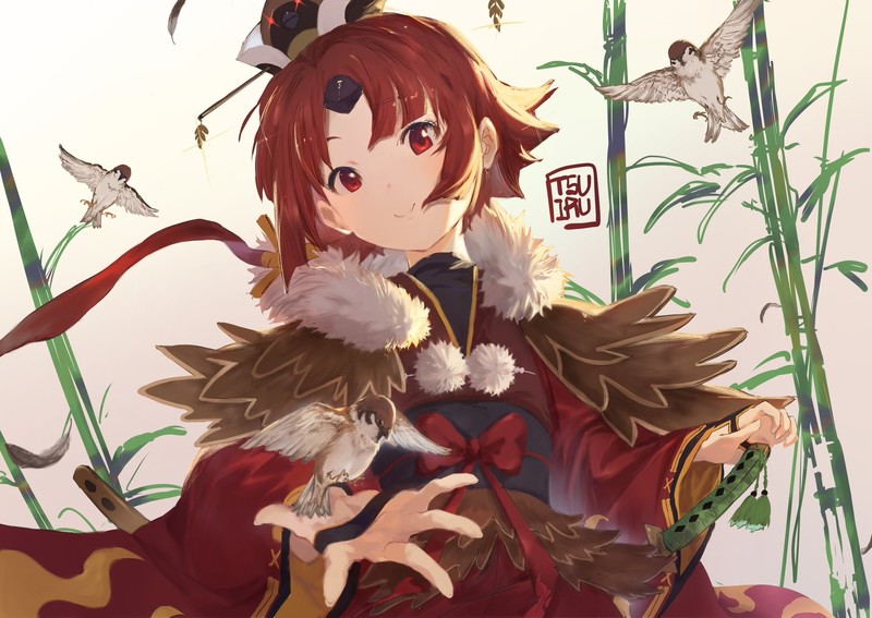 anime girls, anime, Fate/Grand Order, redhead, red eyes, birds