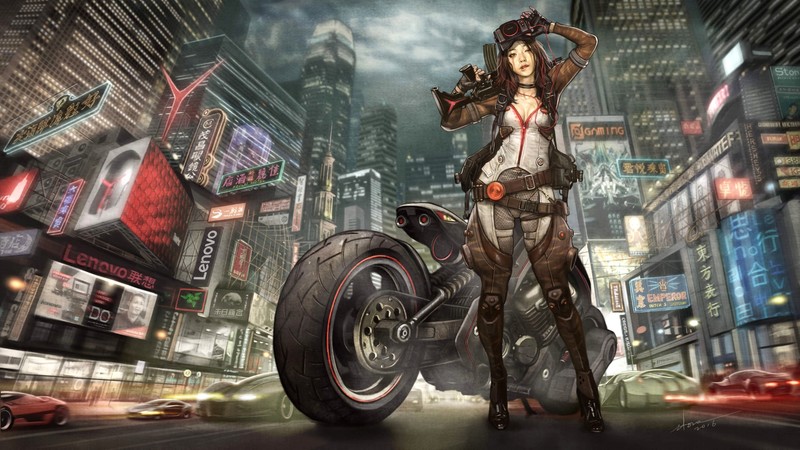 anime, ArtStation, anime girls, motorcycle, vehicle, weapon, cityscape