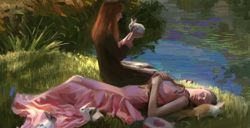 couple, women, redhead, pink dress, rabbits