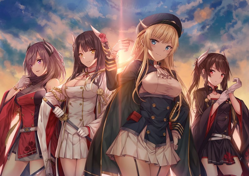 Hiei (Azur Lane), Kongou (Azur Lane), Azur Lane, anime girls, women, group of women, uniform, berets, horns, looking at viewer, purple eyes, yellow eyes, blue eyes, red eyes, purple hair, black hair, blonde, brunette, pigtails, katana, gloves, fan art, artwork, digital art, fantasy girl, illustration, drawing, 2D, smiling, sky, clouds, sunset, lens flare, LuZi, cleavage, anime, Haruna (Azur Lane)