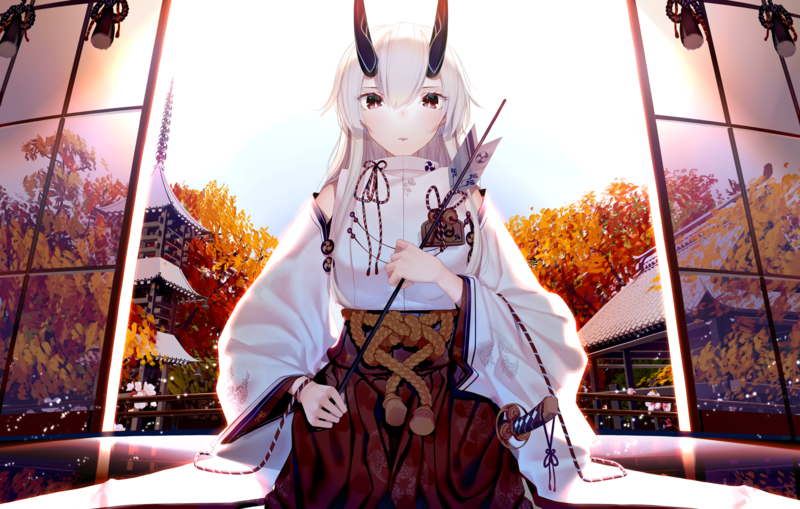 Tomoe Gozen (Fate/Grand Order), Fate/Grand Order, fan art, white hair, horns, looking at viewer, miko, arrows, bell, katana, sky, artwork, digital art, illustration, 2D, fantasy girl, Atha, anime, anime girls