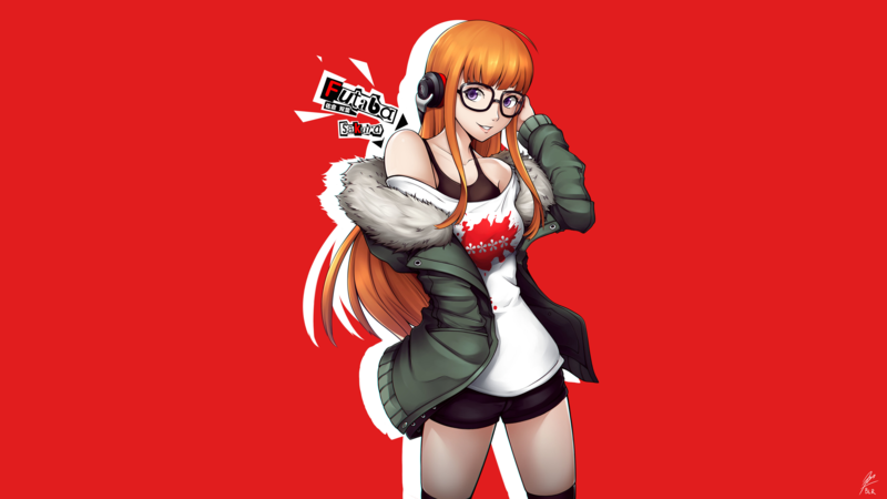 Sakura Futaba, women, redhead, long hair, looking at viewer, purple eyes, smiling, women with glasses, glasses, thigh-highs, anime girls, Persona 5, artwork, digital art, illustration, drawing, 2D, Blueriest, anime, ultra-wide