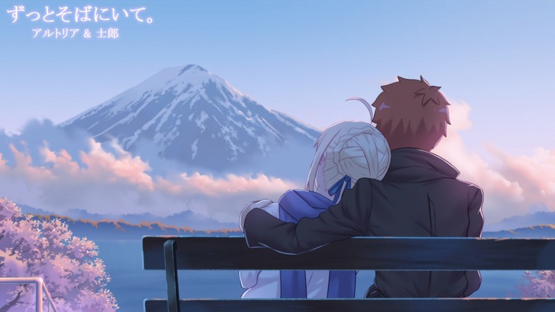 Fate Series, Fate/Stay Night, Saber, Arturia Pendragon, Shirou Emiya, Mount Fuji, bench, mountains, outdoors
