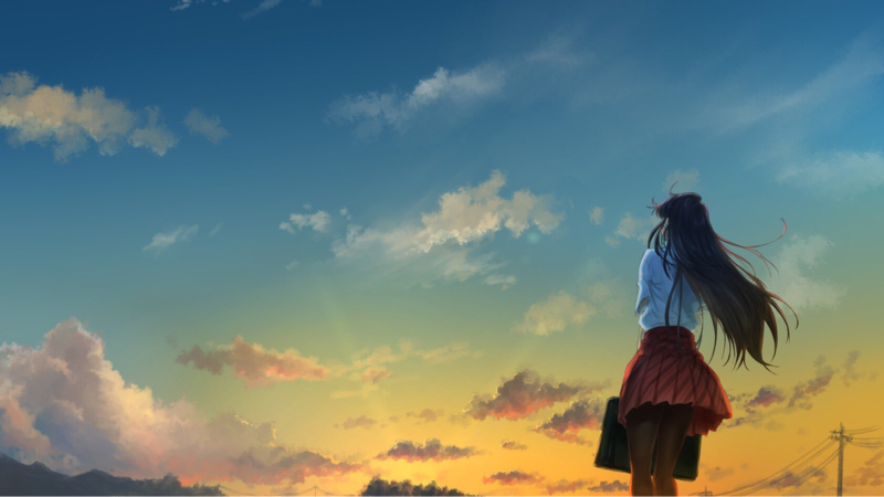 Komi-san wa, Comyushou desu., Komi Shouko, anime girls, black hair, long hair, 2D, JK, school uniform, sunset, clear sky, pantyhose, lifting skirt, thighs, fan art