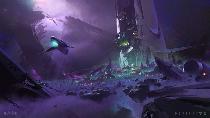digital, video games, Destiny 2, destiny, futuristic, science fiction, spaceship, tower, asteroid, purple