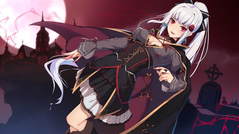 anime girls, anime, white hair, pink nails, boobs, Moon, red eyes, ponytail, cleavage