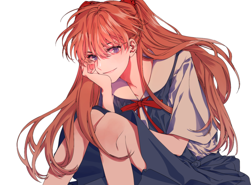 Neon Genesis Evangelion, anime girls, redhead, Asuka Langley Soryu, long hair, purple eyes, twintails, 2D, simple background, school uniform, thighs, looking at viewer, small boobs, smiling, fan art