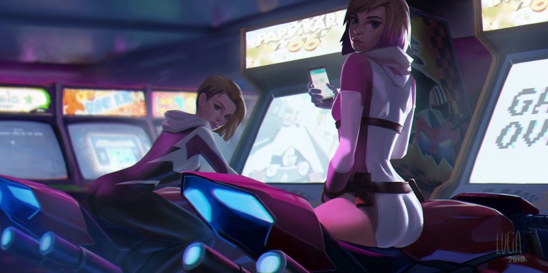 digital art, drawing, anime girls, anime, ass, arcade, smartphone, looking at viewer, 2019 (Year), Gwenpool