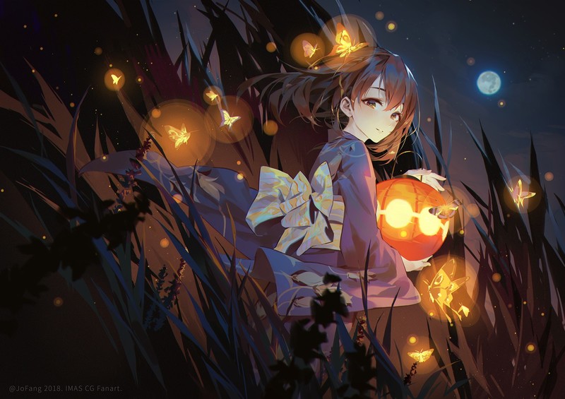 anime, anime girls, 2018 (Year), night, brunette, lights, Moon