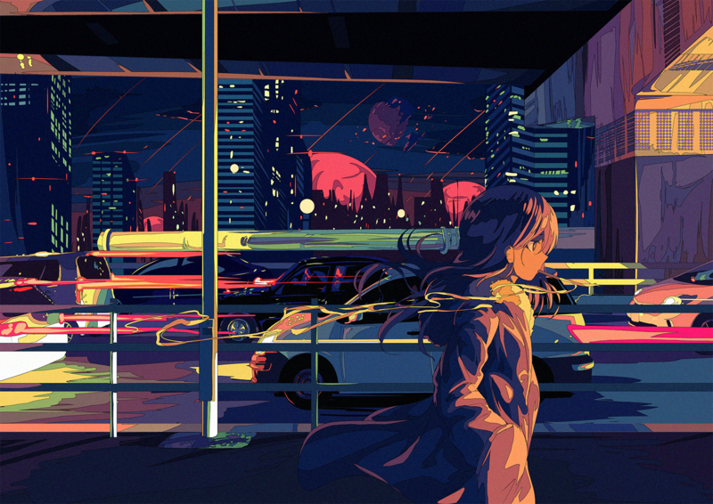 anime, anime girls, urban, cityscape, car, traffic, Berry Verrine