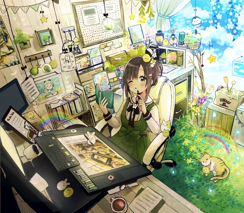 anime, anime girls, interior, room, cats, keyboards, brunette, books