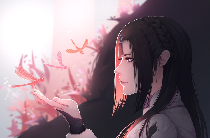 anime girls, anime, dark hair, face, insect, animals, hands