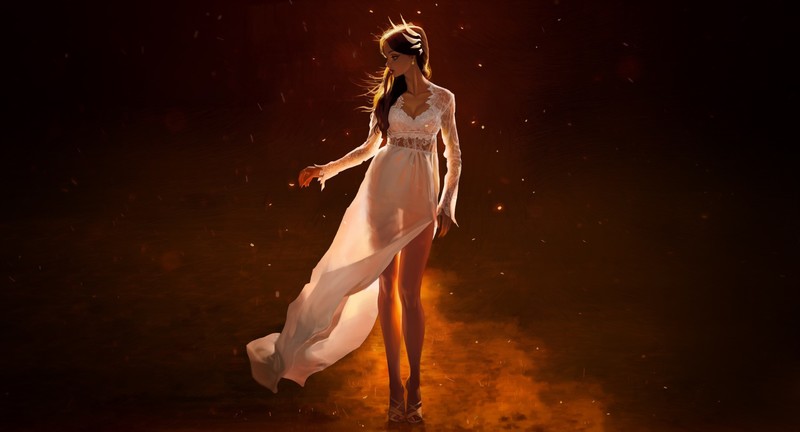 women, artwork, dress, dark hair, standing