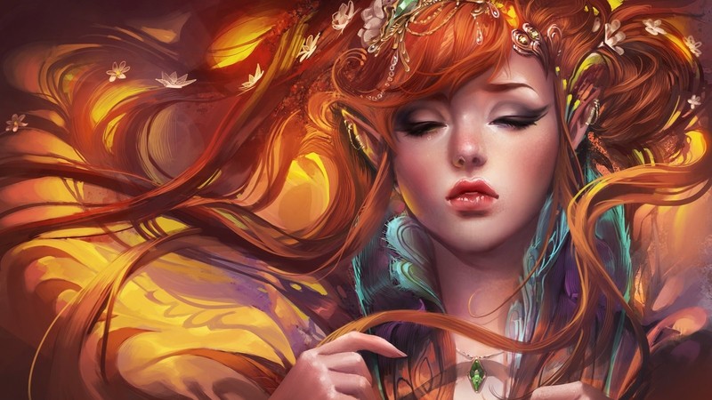 Fantasia, red, anime girls, closed eyes, long hair, necklace, fantasy girl
