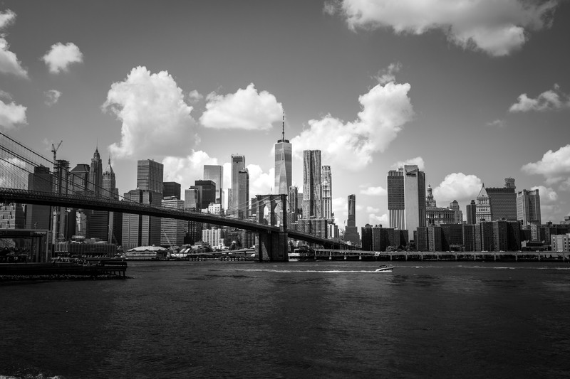 city, clouds, water, monochrome, bridge, cityscape, Brooklyn Bridge, skyline, New York City