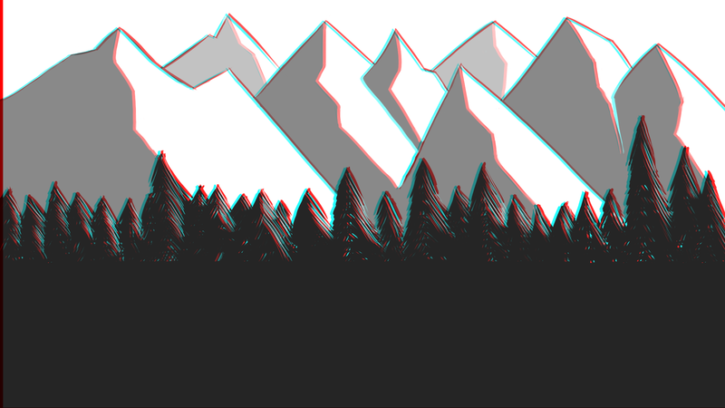 monochrome, nature, forest, mountain top, hills, landscape, white, grey, snow, digital, drawing, chromatic aberration
