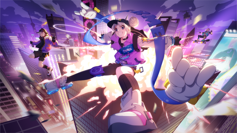 anime girls, anime boys, silver hair, smiling, science fiction, city, night, explosion, baseball caps, skateboard, building, artwork, digital art, illustration, 2D, Thankstar404, anime