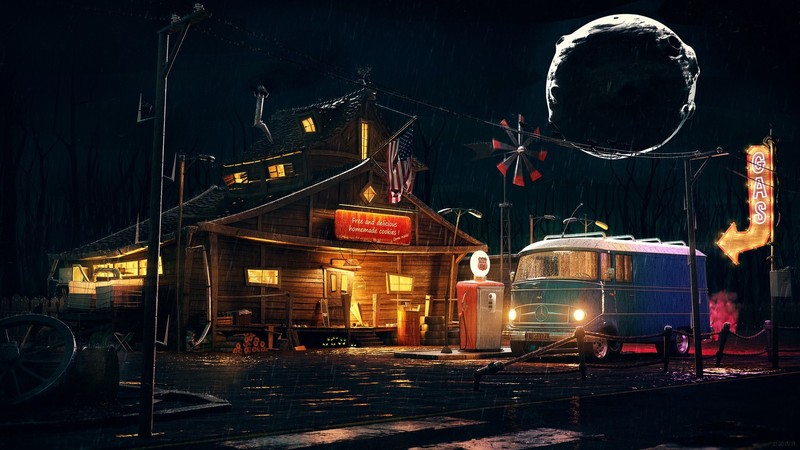 Gas station, car, vehicle, night, artwork, Mercedes Benz