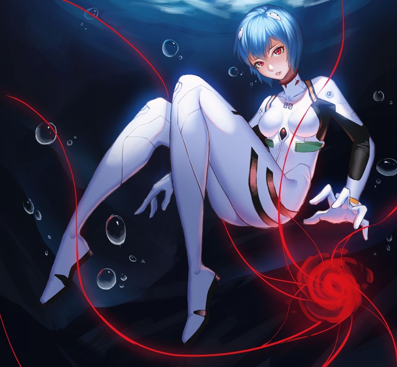 Ayanami Rei, Neon Genesis Evangelion, anime, anime girls, women, blue hair, red eyes, looking at viewer, underwater, bubbles, artwork, painting, drawing, illustration, 2D, fan art, digital art, Yus, plugsuit