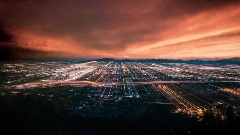 night city, city lights, aerial view, horizon, night, 4k