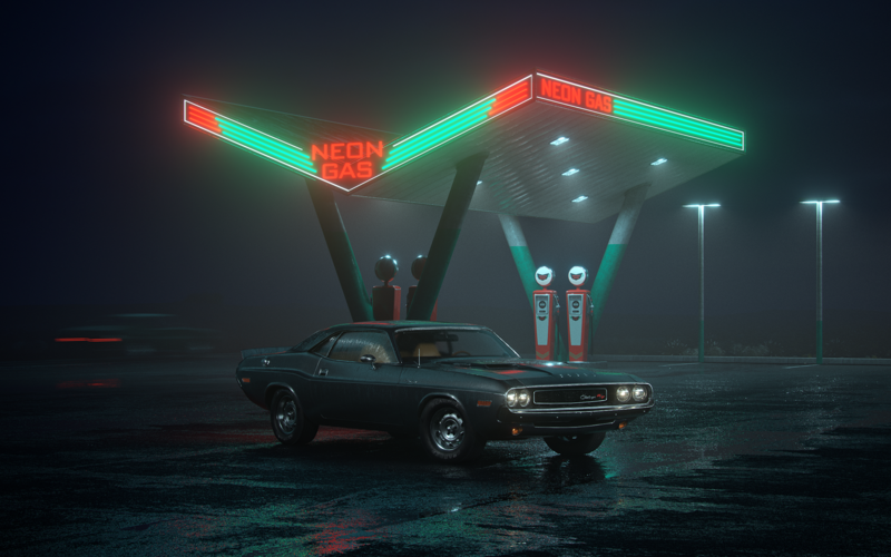 neon, gas stations, car, night, lights