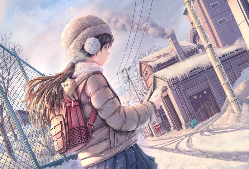 brunette, long hair, snow, winter, backpacks, snow covered