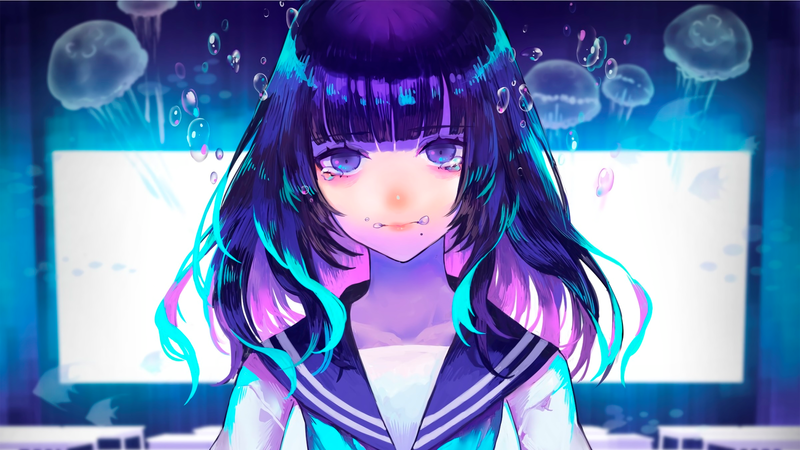 anime, manga, anime girls, schoolgirl, crying, sailor uniform, looking at viewer, underwater