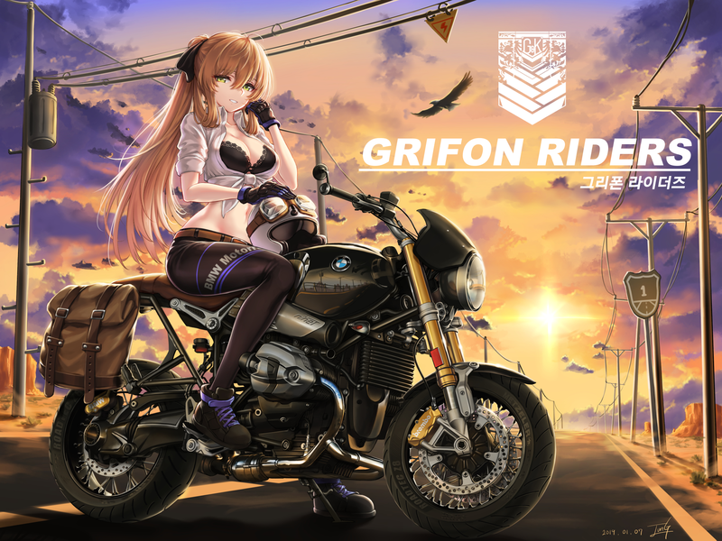 Pixiv, anime, anime girls, Girls Frontline, motorcycle, BMW, sunset, BMW Nine T