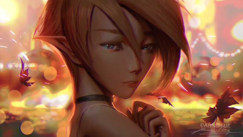 women, blonde, short hair, looking at viewer, portrait, fantasy girl, artwork, painting, digital painting, 2D, illustration, drawing, fantasy art, elves, face, lights, necklace, depth of field, leaves, bokeh, original characters, Paul Nong