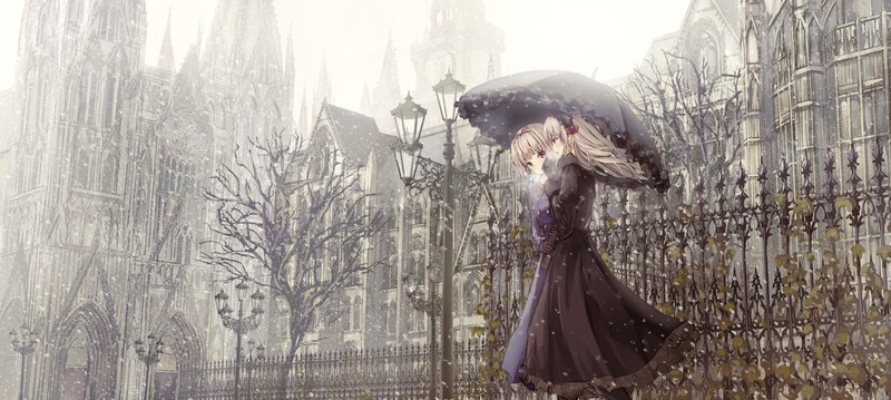 anime girls, anime, city, umbrella