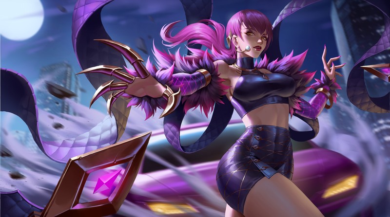 Evelynn, Evelynn (League of Legends), League of Legends, video game art, video games, K/DA, video game girls, women, purple hair, long hair, looking at viewer, yellow eyes, black tops, miniskirt, bokeh, night, car, building, microphone, painted nails, artwork, digital art, painting, digital painting, drawing, illustration, 2D, fan art, Yus