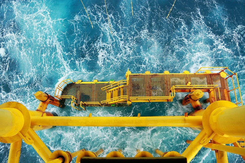 metal, blue, sea, yellow, oil rig, waves, water, oil platform, building, platform, turquoise, sea foam, cyan